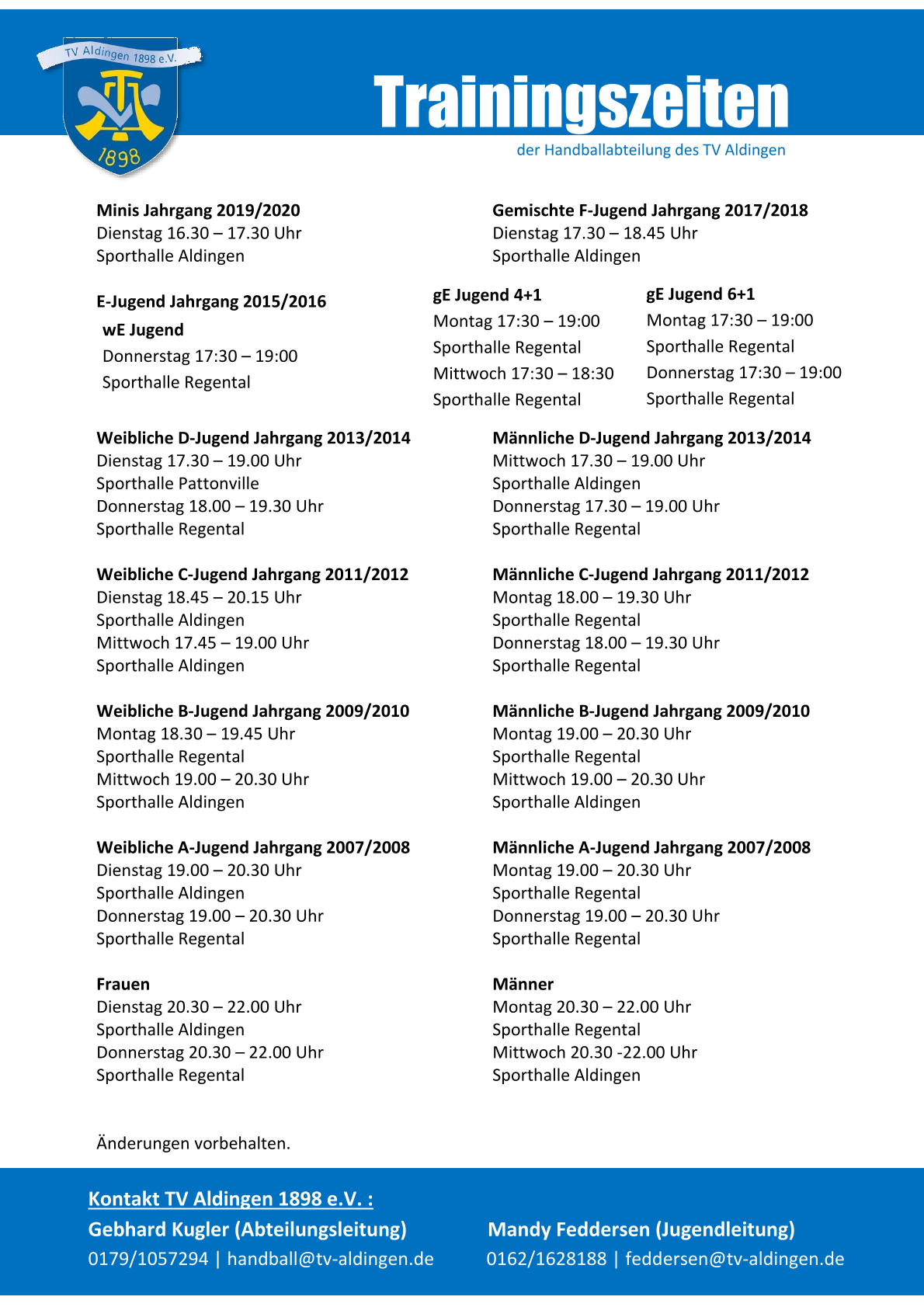 Trainingszeiten Stand 08.04.2024
